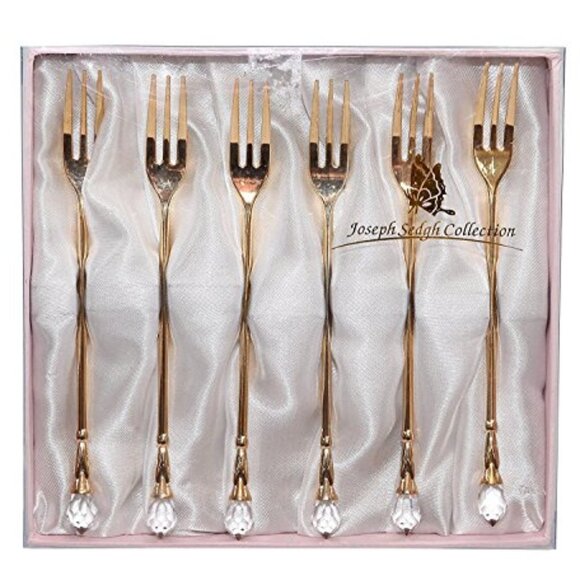 Gold Dessert Forks Joseph Sedgh Collection Pink Jewel Gift Box Set of 6 NIB - Picture 1 of 2